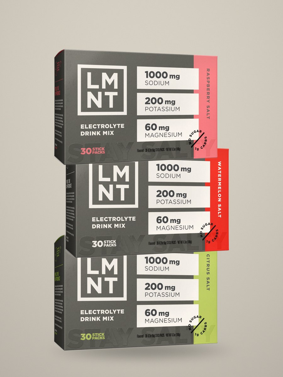 LMNT electrolyte drink mix boxes in citrus, watermelon and raspberry salt