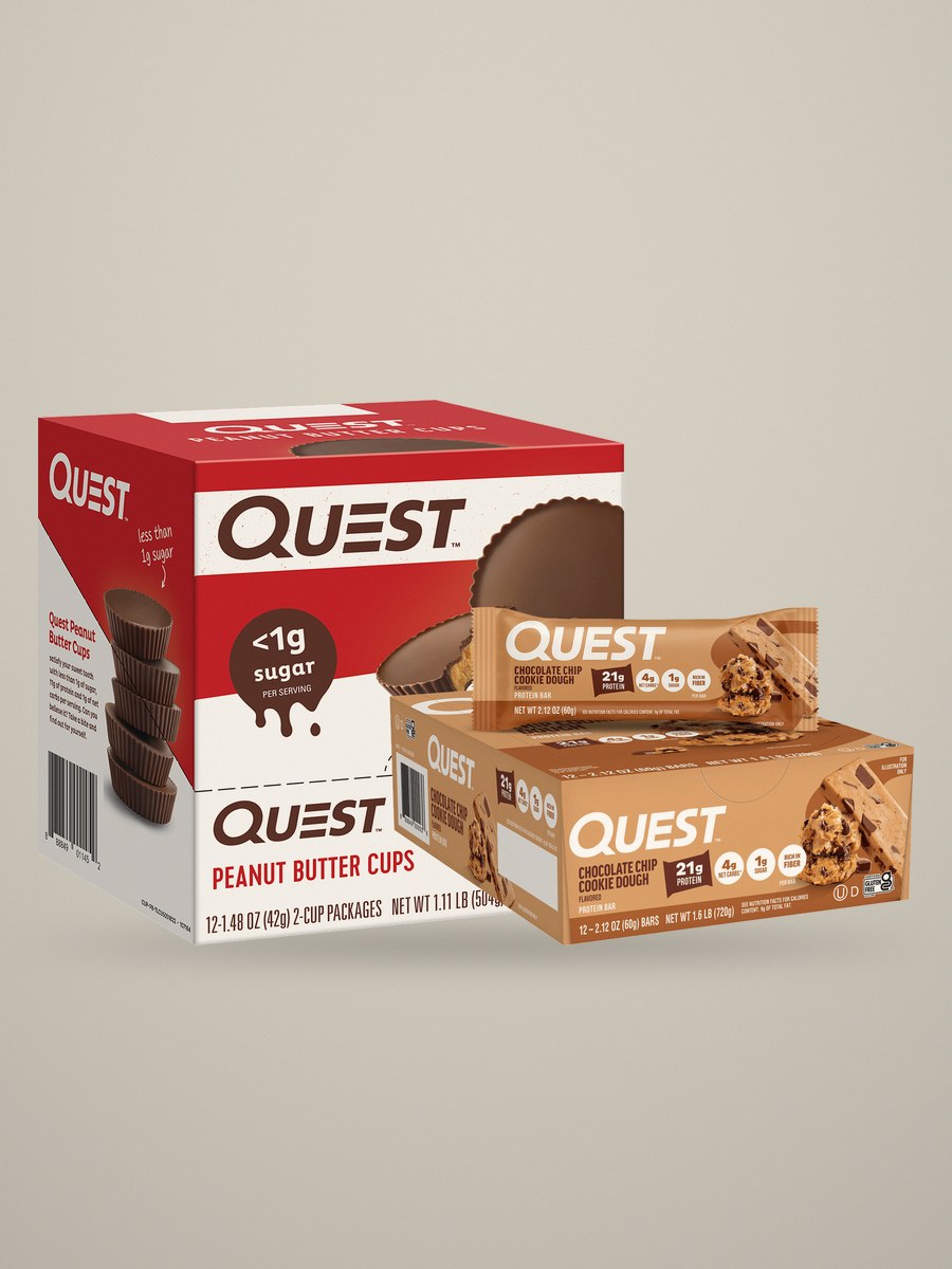 Quest peanut butter cups box and chocolate chip cookie dough protein bars