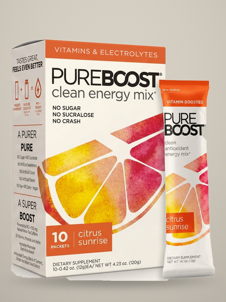 Pureboost Citrus Sunrise clean energy mix box and packet