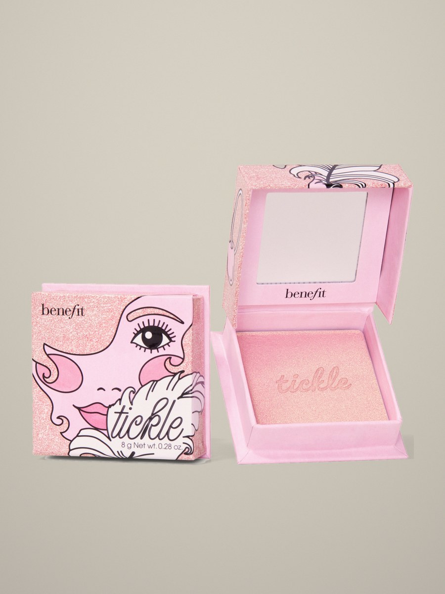Benefit Tickle golden pink highlighter, box and open compact