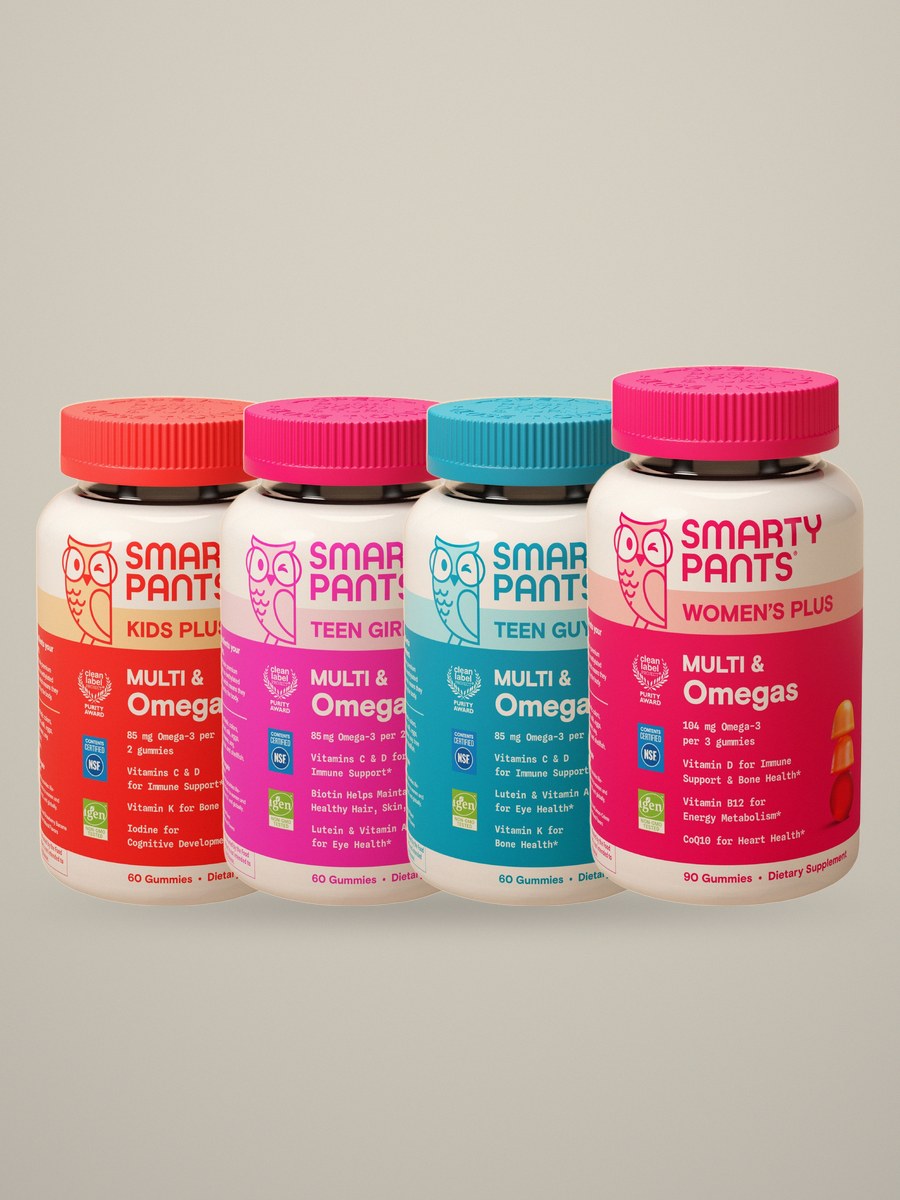 SmartyPants Kids, Teen Girl, Teen Guy and Women's multivitamin gummy bottles