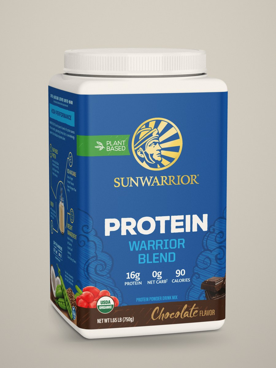 Sunwarrior Warrior Blend chocolate protein tub